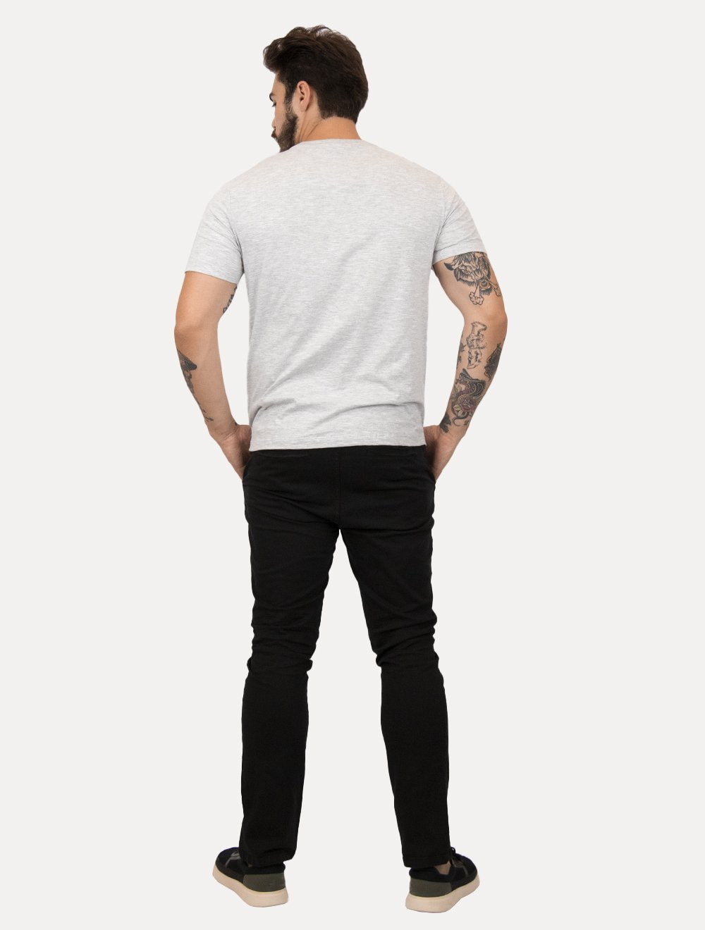 Camiseta Calvin Klein Masculina V-Neck Logo Flamê Cinza Mescla
