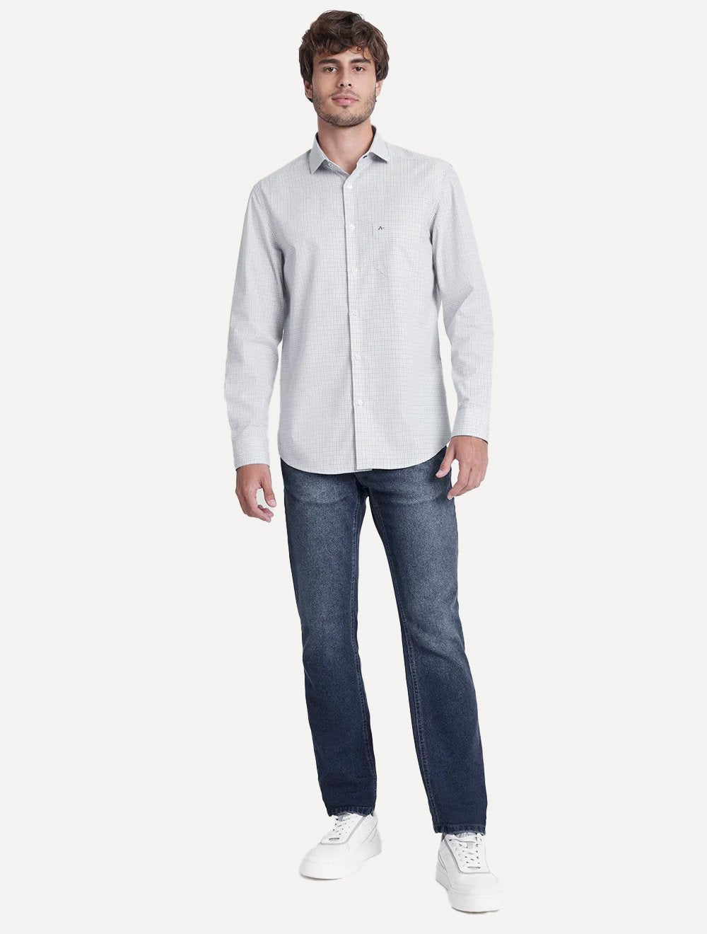 Camisa Aramis Masculina Regular Tricoline Micro Xadrez Azul Branca