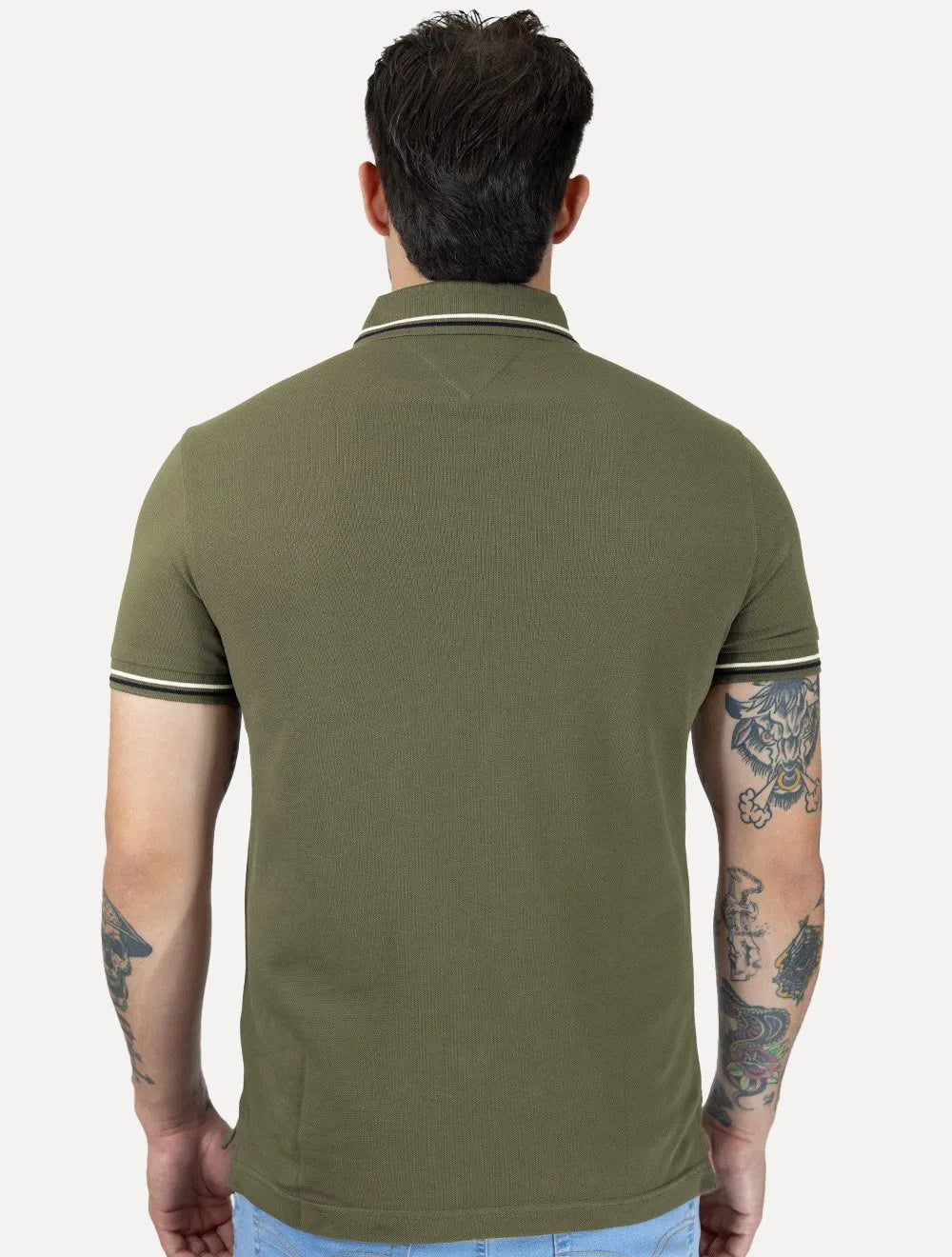 Polo Tommy Hilfiger Masculina Slim Tipped Collar Verde Militar