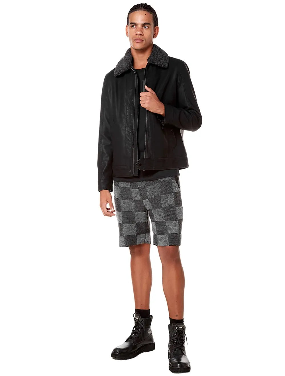 Jaqueta John John Masculina Couro Sherpa Bill Preta