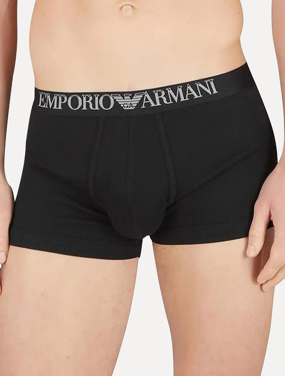 Cueca Empório Armani Boxer Trunk Lisa White Logo Preta Pack 2UN