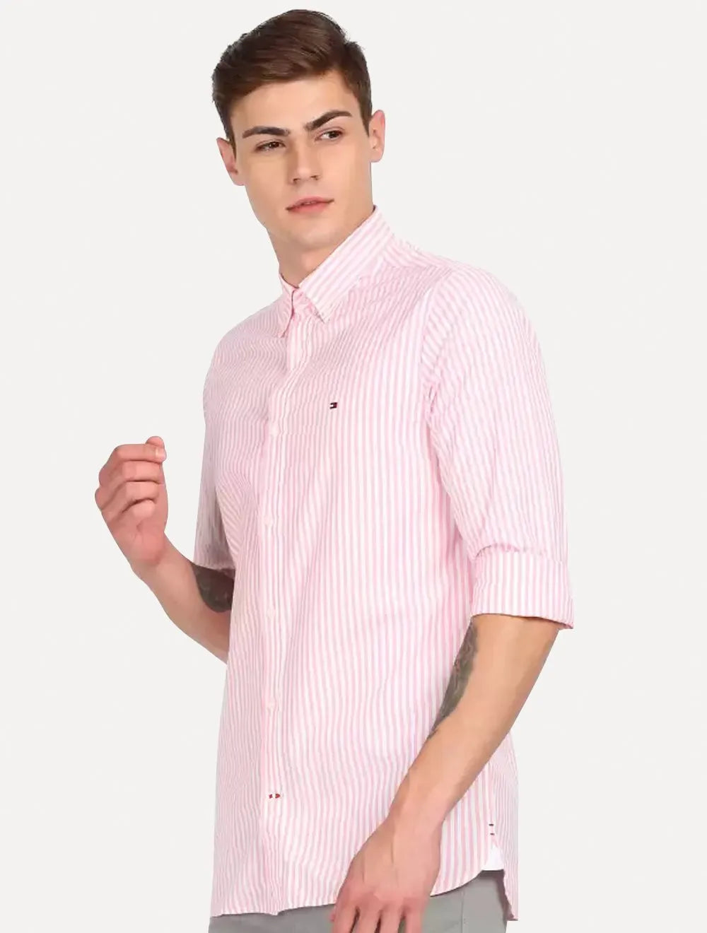 Camisa Tommy Hilfiger Masculina Regular Striped Poplin Rosa Claro