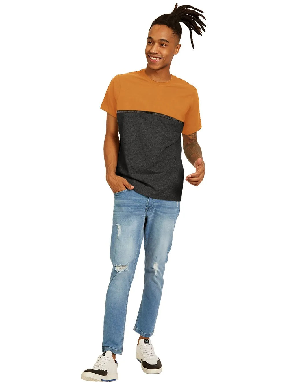 Camiseta Aeropostale Masculina Colorblock Chest Tape Mostarda/Grafite Mescla