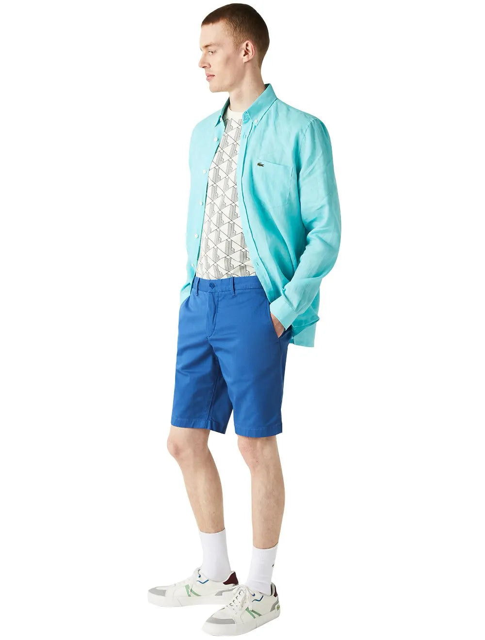 Bermuda Lacoste Masculina Sarja Slim Cotton Stretch Azul