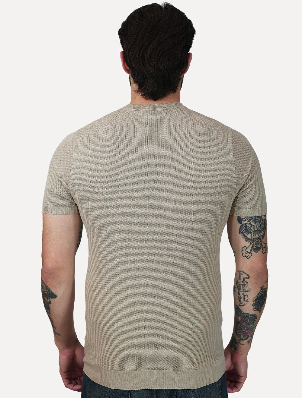 Camiseta Dixen Masculina Tricot Manga Curta Textura Pontilhada Gola Careca Areia