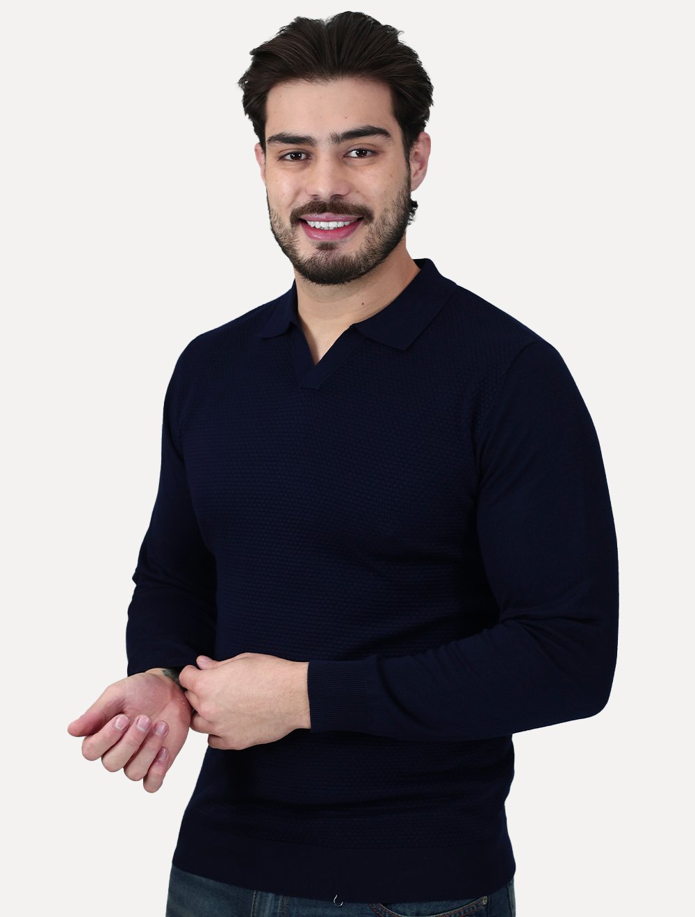 Camiseta Dixen Masculina Tricot Manga Longa Jacquard Seamless Azul Marinho
