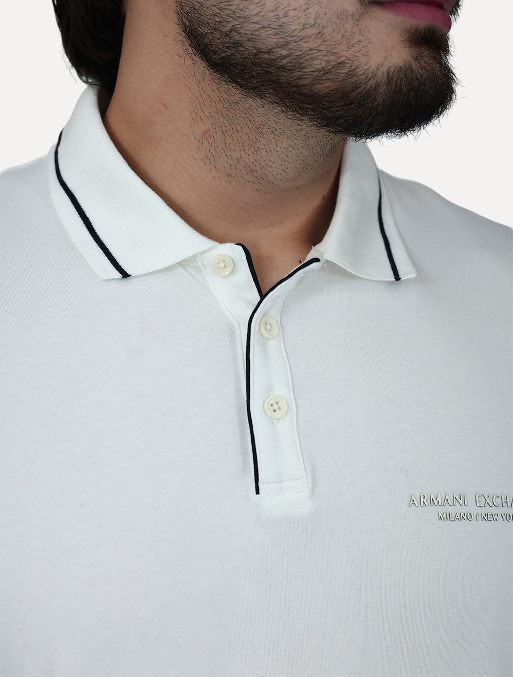 Polo Armani Exchange Masculina Regular Fit Jersey Off White