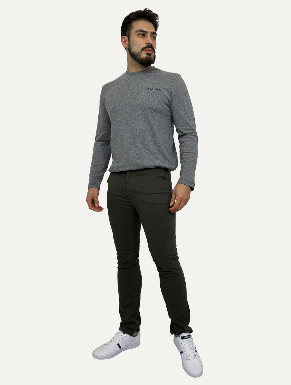 Blusa Calvin Klein Masculina Manga Longa Logo Bordado Cinza Escuro Mescla