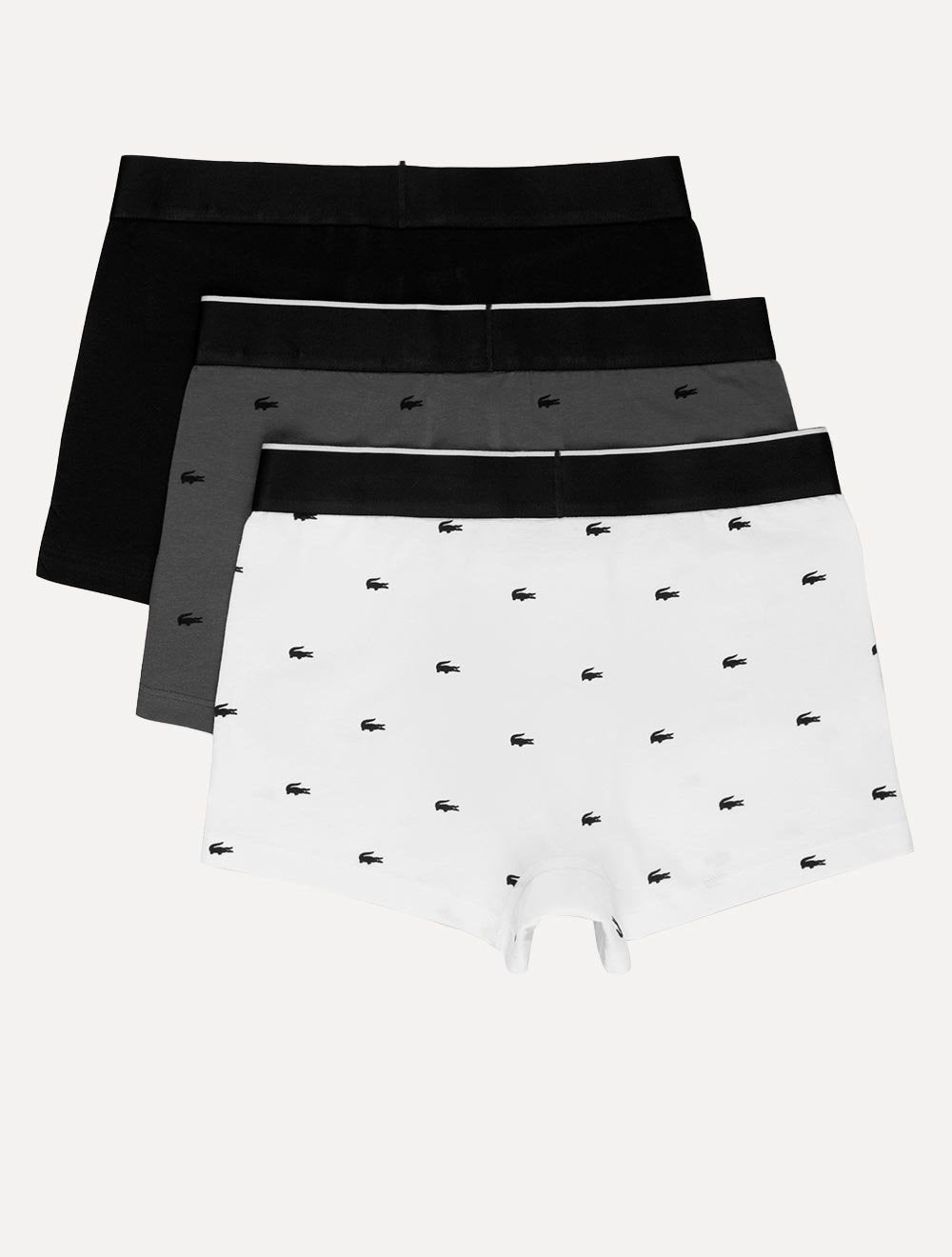 Cuecas Lacoste Trunk Casual Stretch Signature Preta/Chumbo/Branca Pack 3UN