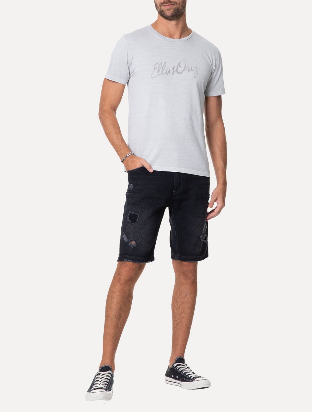 Camiseta Ellus Masculina Cotton Washed Origin. Script Cinza