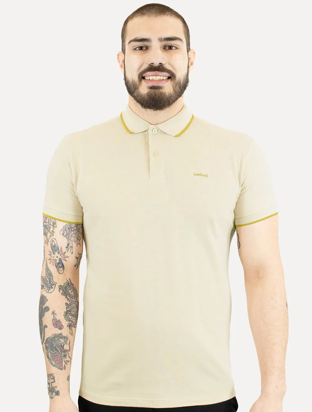 Polo Colcci Masculina Piquet Gold Frisos Simple Logo Areia