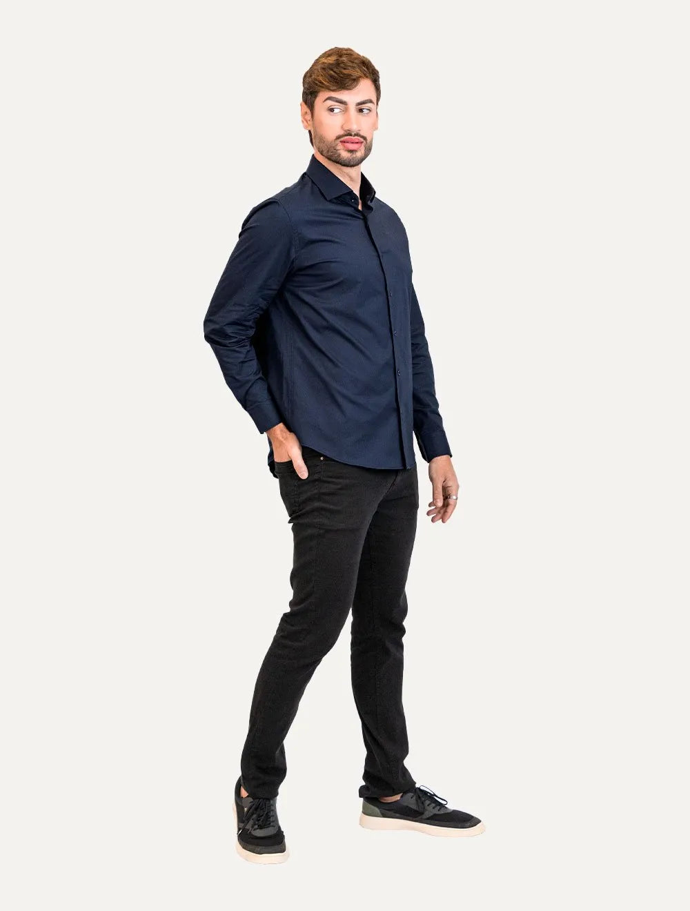 Camisa Aramis Masculina Regular Tricoline Liso Stretch Azul Marinho