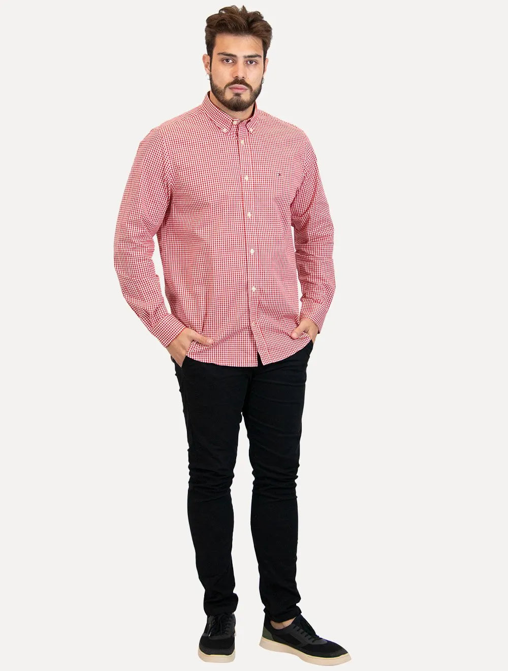 Camisa Tommy Hilfiger Masculina Xadrez Gingham Branca/Vermelha