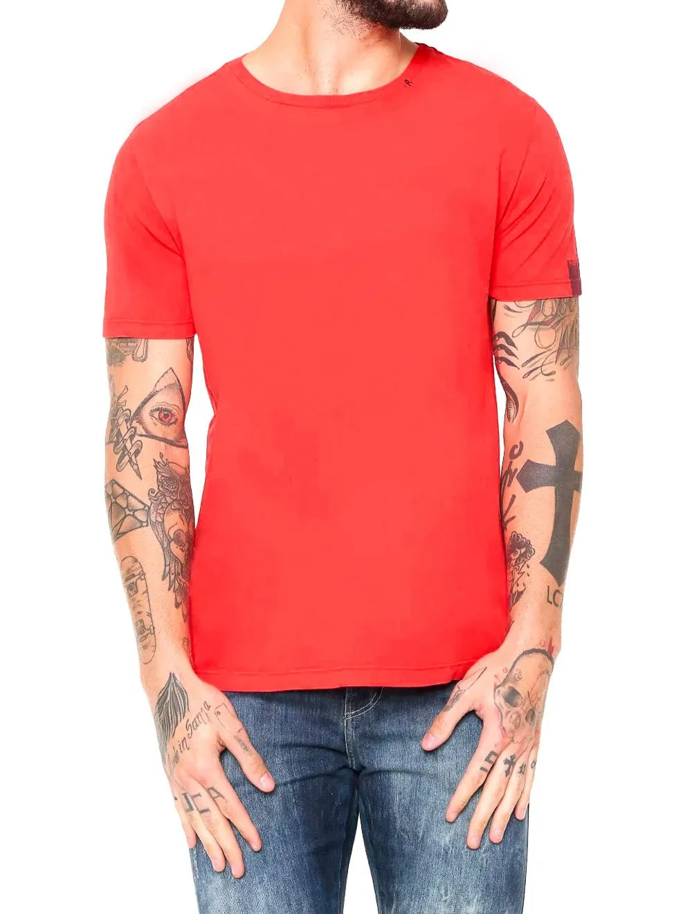 Camiseta Replay Masculina Basic Crewneck Logo Vermelho Coral