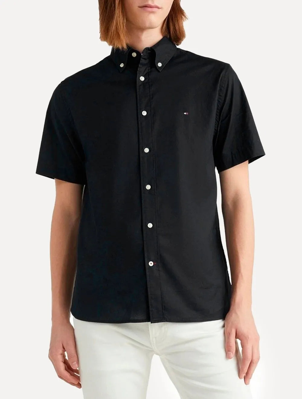 Camisa Tommy Hilfiger Masculina Manga Curta Regular Core Oxford Preta
