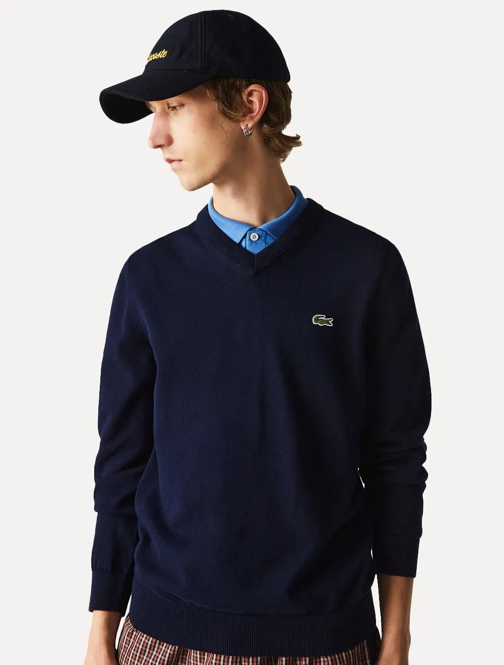 Suéter Lacoste Masculino Classic Fit Gola V Logo Azul Marinho