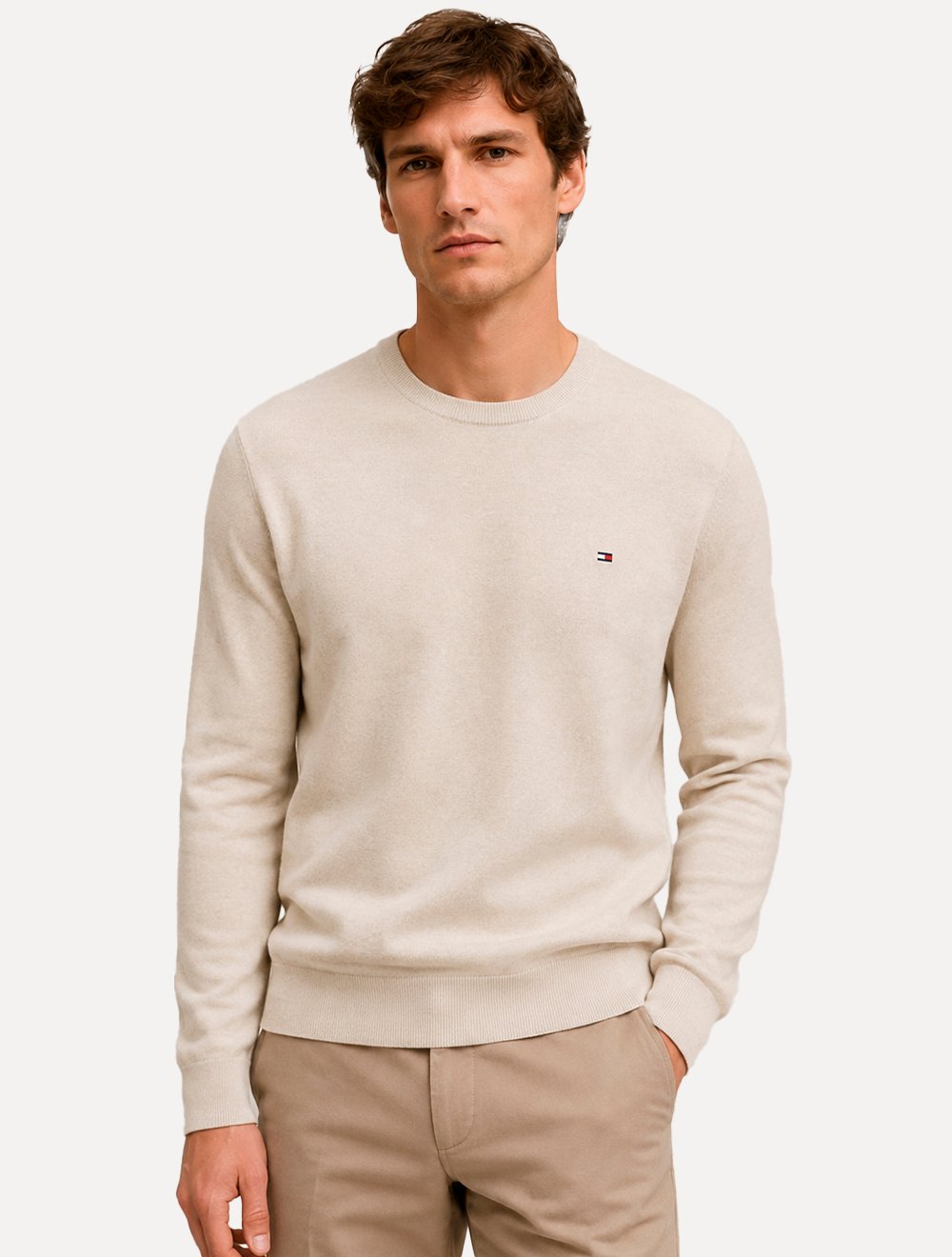 Suéter Tommy Hilfiger Masculino Crewneck Essential Cotton Areia Claro