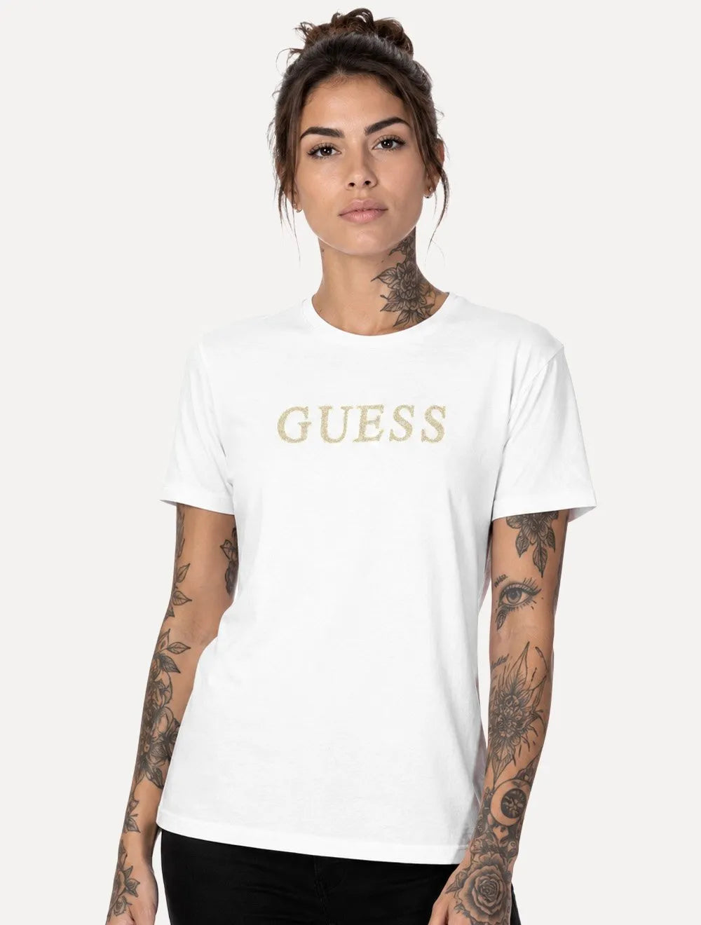Camiseta Guess Feminina Silk Classic Gold Logo Branca