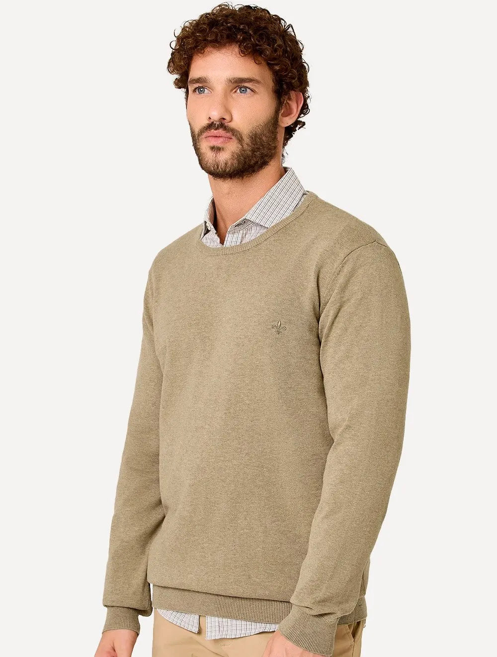 Suéter Dudalina Masculino Tricot Crewneck Melange Cotton Cáqui