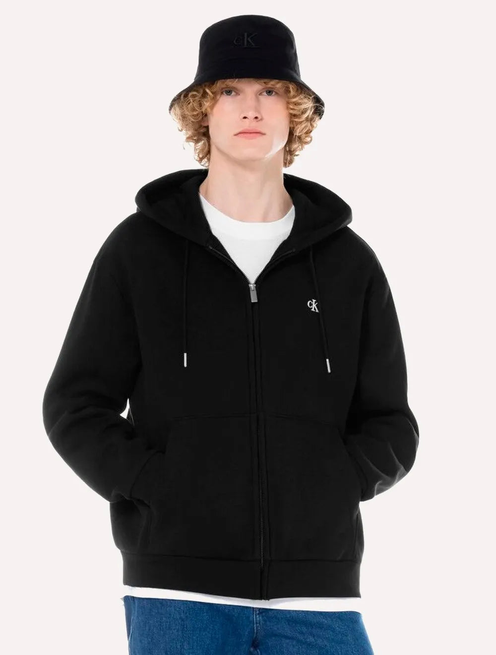 Moletom Calvin Klein Masculino Hoodie Fleece Full-Zip CK Logo Preto