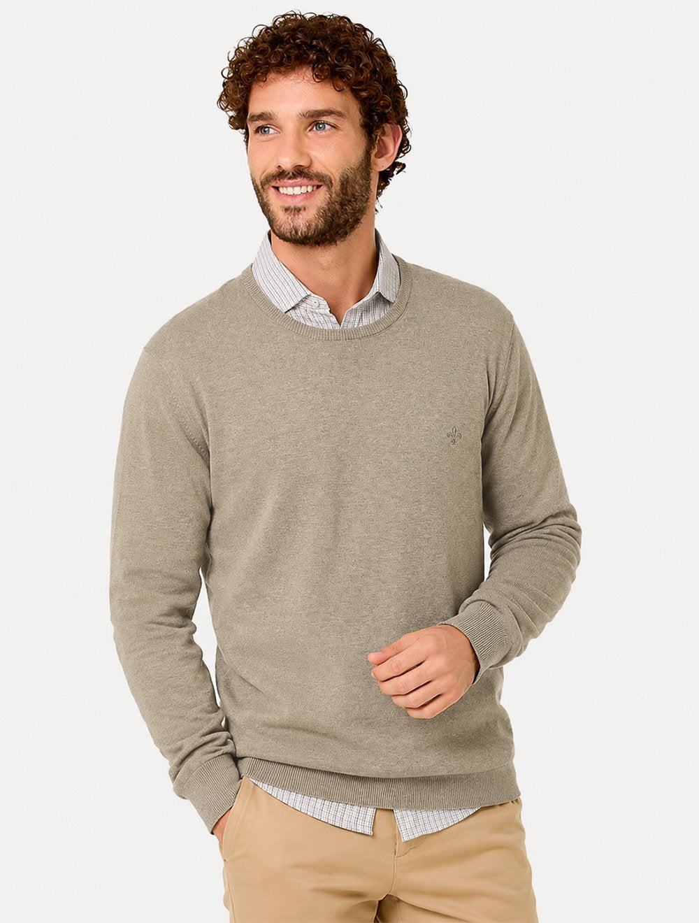 Suéter Dudalina Masculino Tricot Crewneck Básico Cáqui