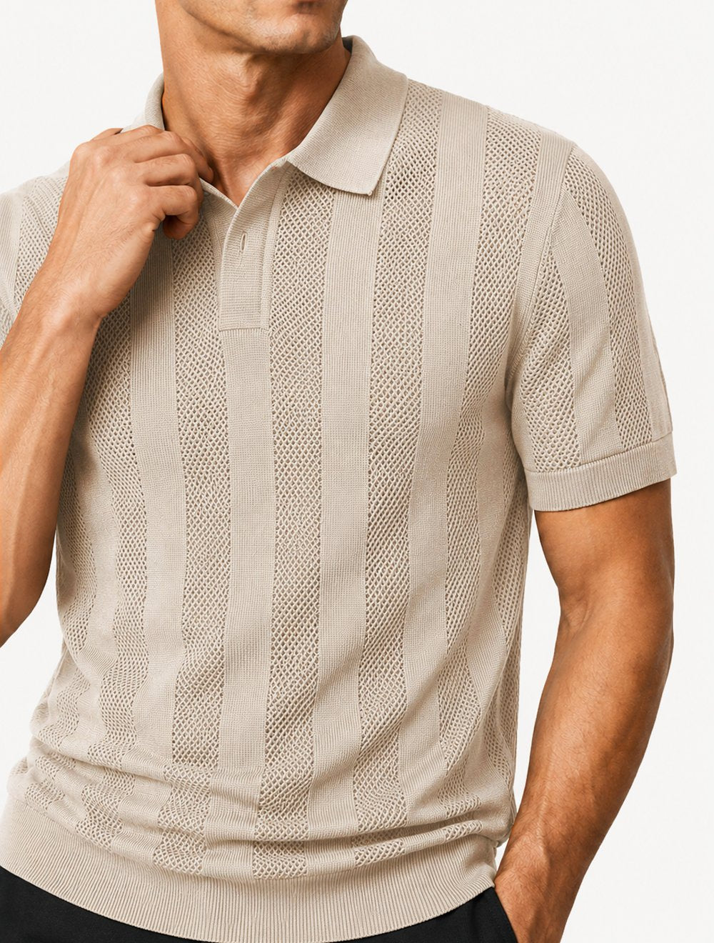 Polo Dixen Masculina Tricot Vertical Manga Curta Cáqui Médio