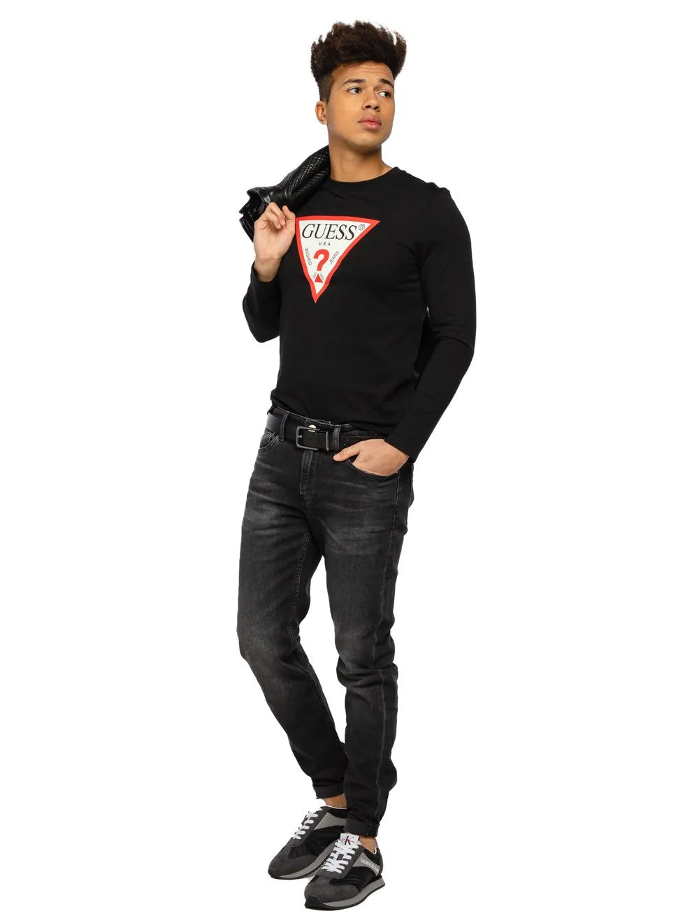 Camiseta Guess Masculina Manga Longa Logo Print Preta
