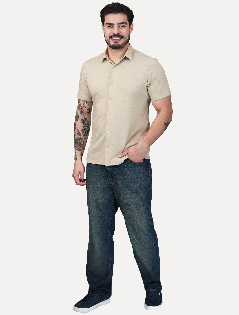 Camisa Aramis Masculina Manga Curta Slim Mista Italia Cáqui