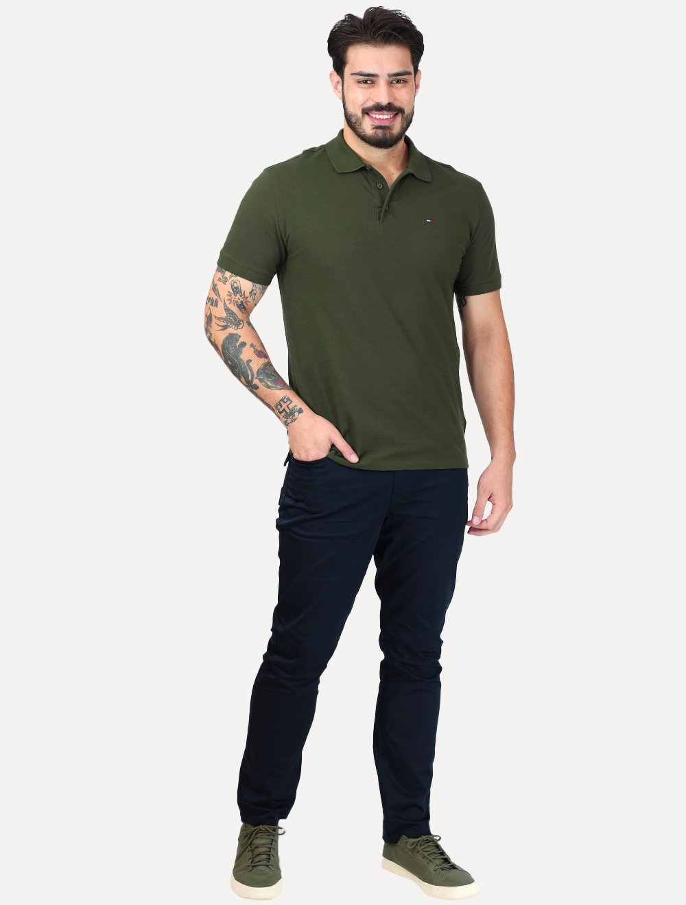 Polo Tommy Hilfiger Masculina Piquet Regular Placket Verde Escuro
