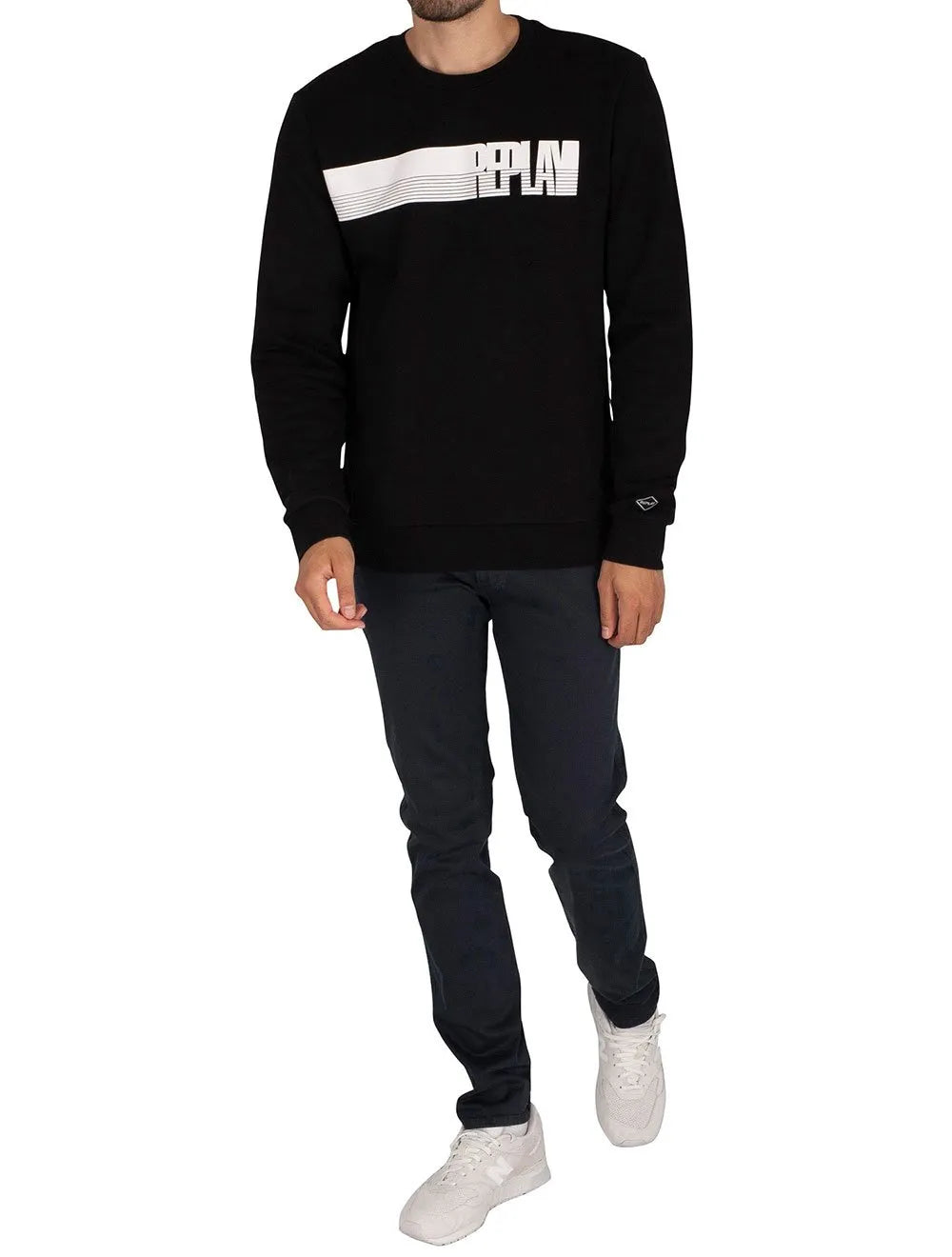 Moletom Replay Masculino Crewneck Brand Stripes Preto