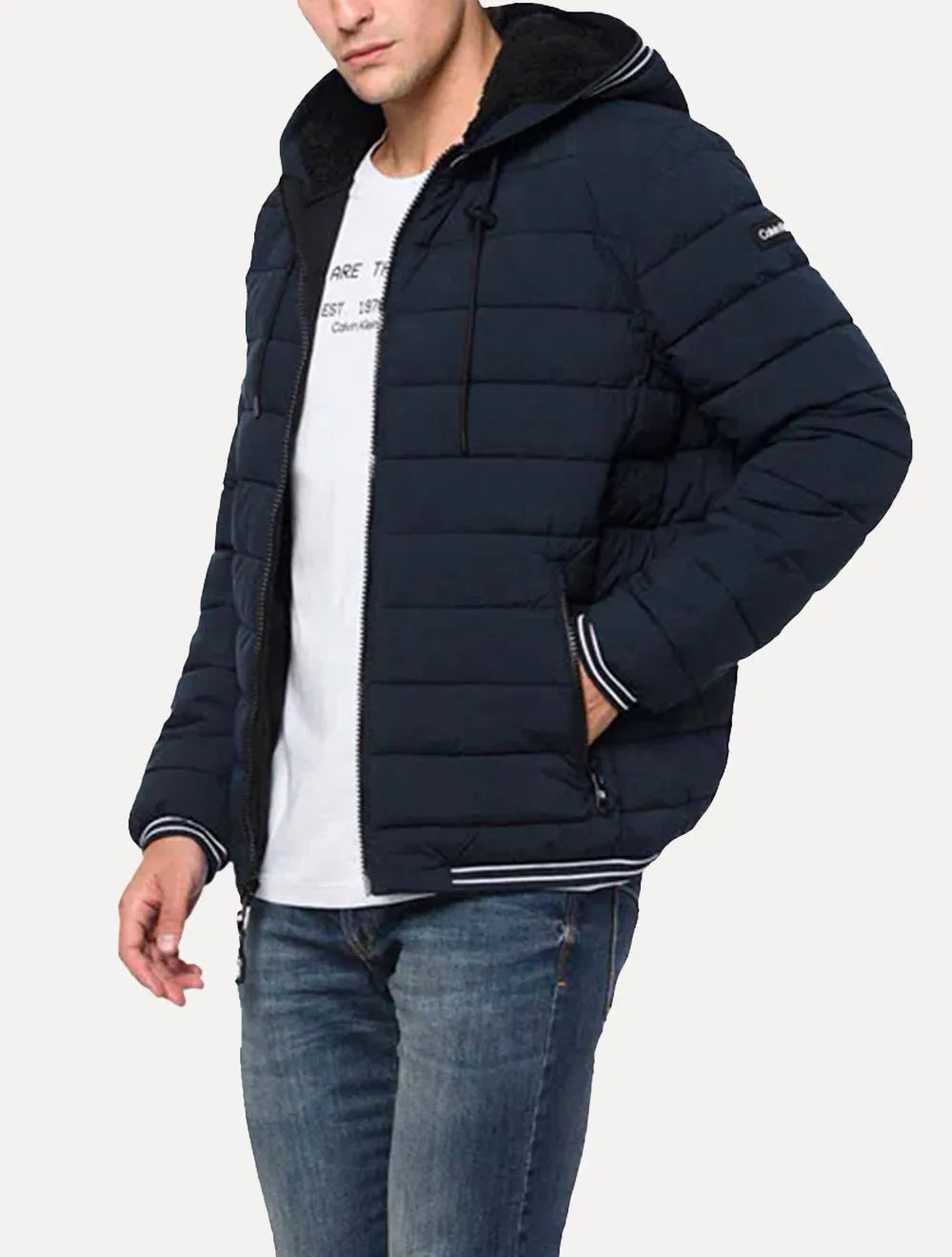 Jaqueta Calvin Klein Masculina Hoodie Matelassê Stripes Azul Marinho