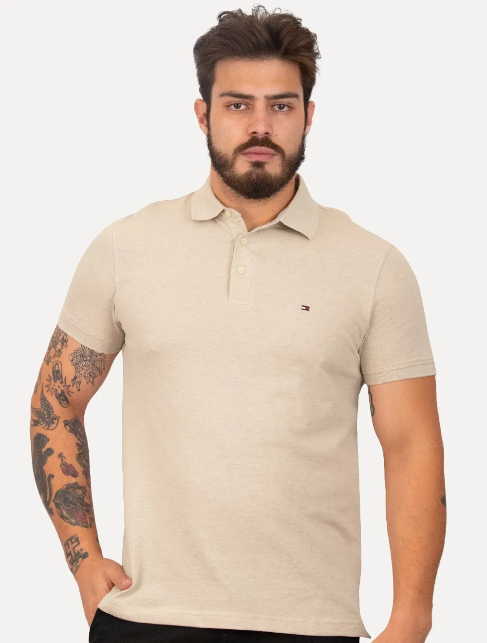 Polo Tommy Hilfiger Masculina Slim Piquet 1985 Areia Mescla