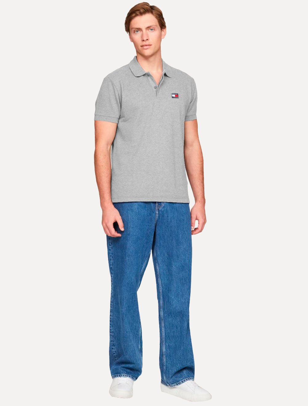 Polo Tommy Jeans Masculina Regular Heather XS Badge Cinza Mescla