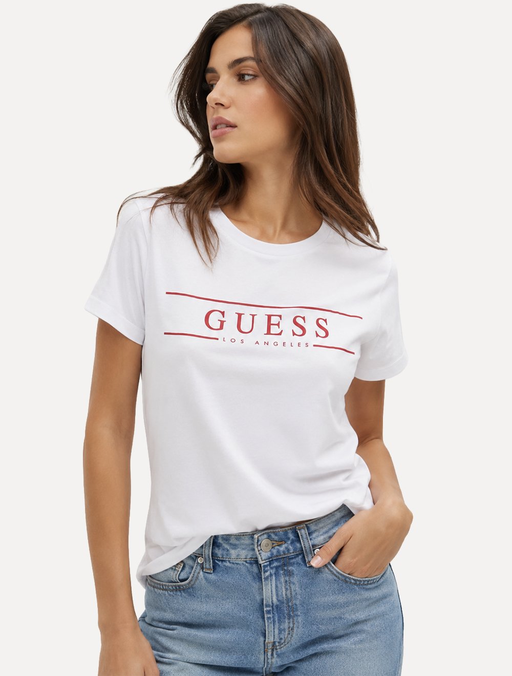 Camiseta Guess Feminina Los Angeles Red Line Logo Branca