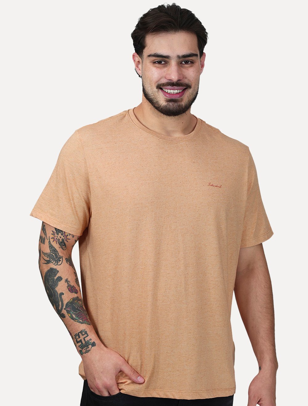 Camiseta Individual Comfort Linho Listrada Silk Logo Laranja Claro