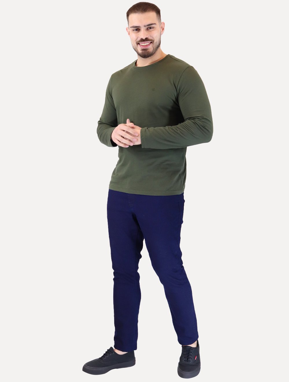 Camiseta Calvin Klein Jeans Masculina Manga Longa Rubber CK Frontal Verde Militar