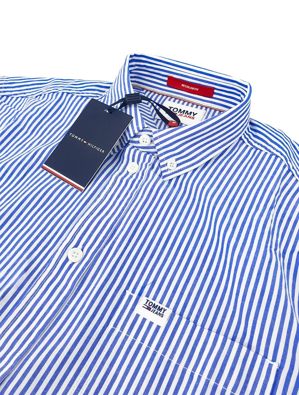 Camisa Tommy Jeans Masculina Striped Linen Blend Pocket Branca Azul Royal