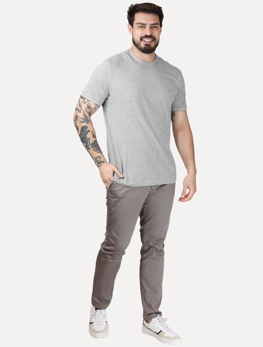 Camiseta Aramis Masculina Friso Gola Cinza Mescla