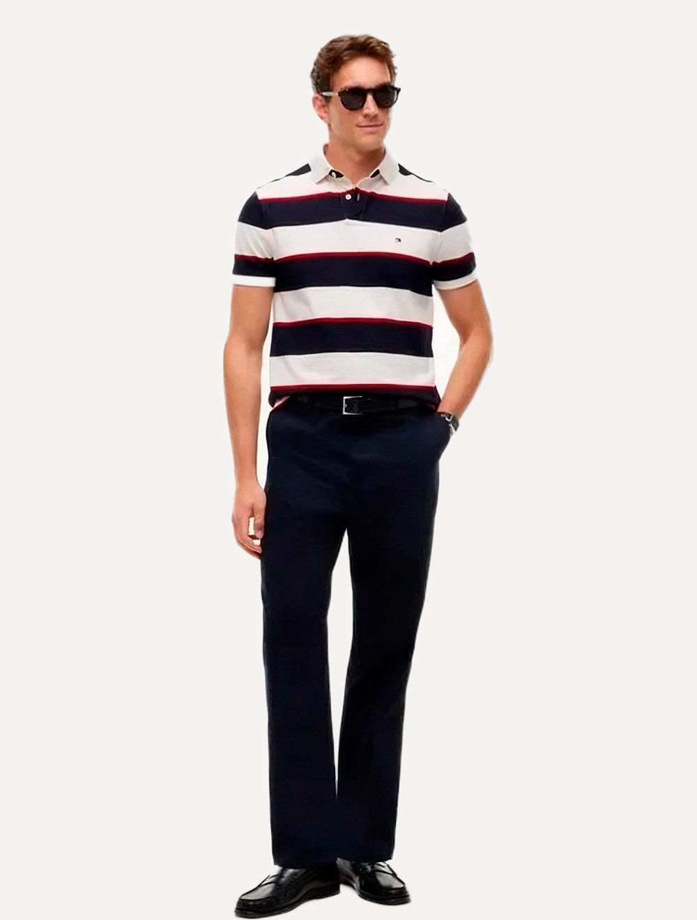 Polo Tommy Hilfiger Masculina Regular Piquet 1985 Striped Cáqui Claro/Marinho