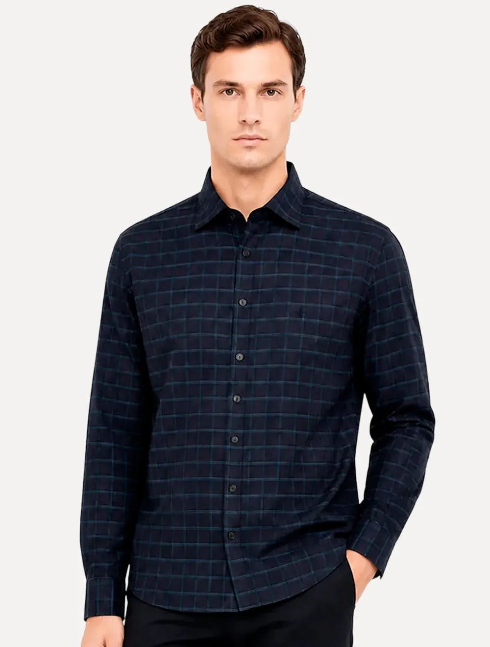 Camisa Dudalina Masculina Comfort Superfine Cotton Xadrez Azul Marinho