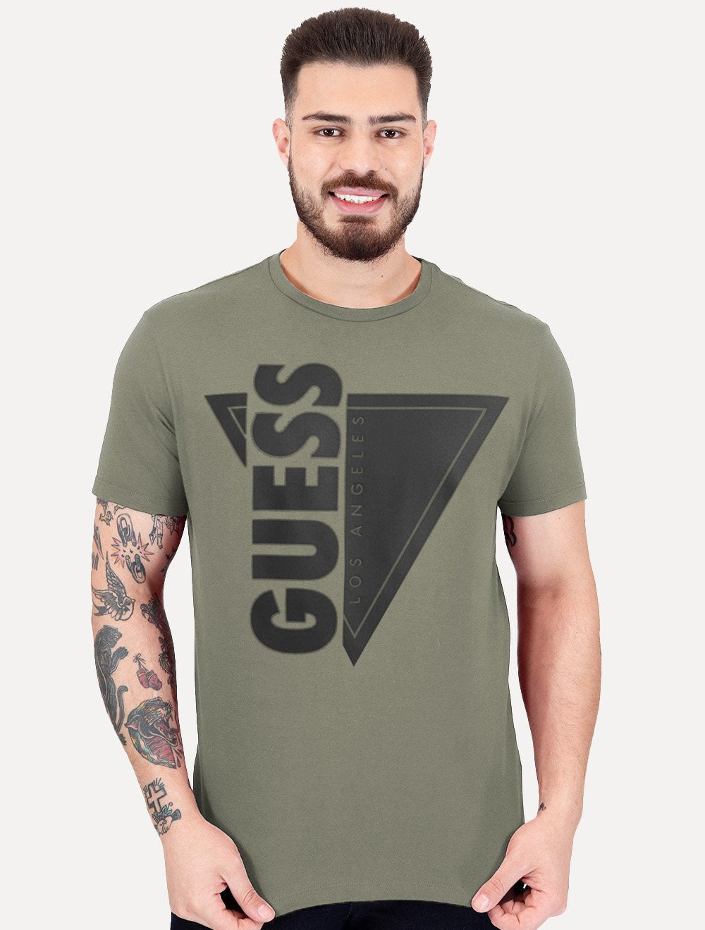 Camiseta Guess Masculina Los Angeles Triângulo Rubber Verde Escuro