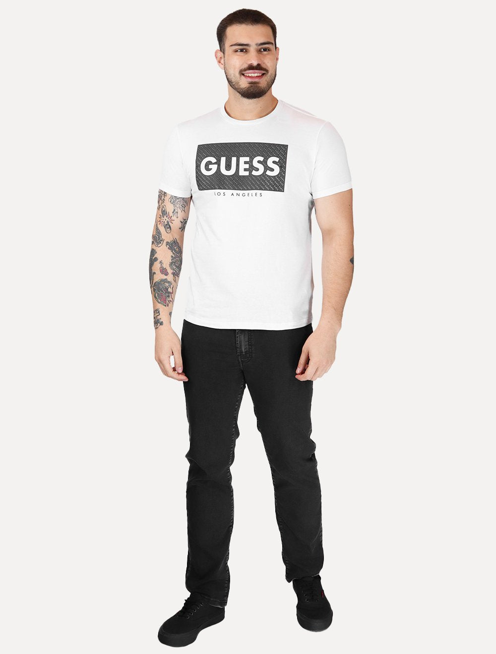 Camiseta Guess Masculina Los Angeles Logo Block Branca