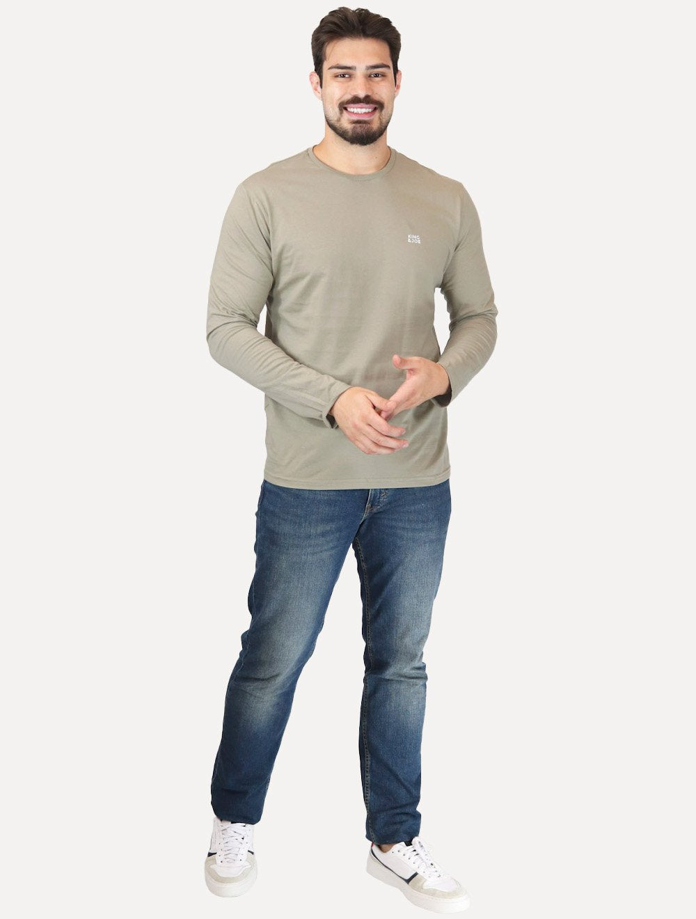Camiseta King & Joe Masculina Manga Longa Basic Light Small Logo Cinza Médio