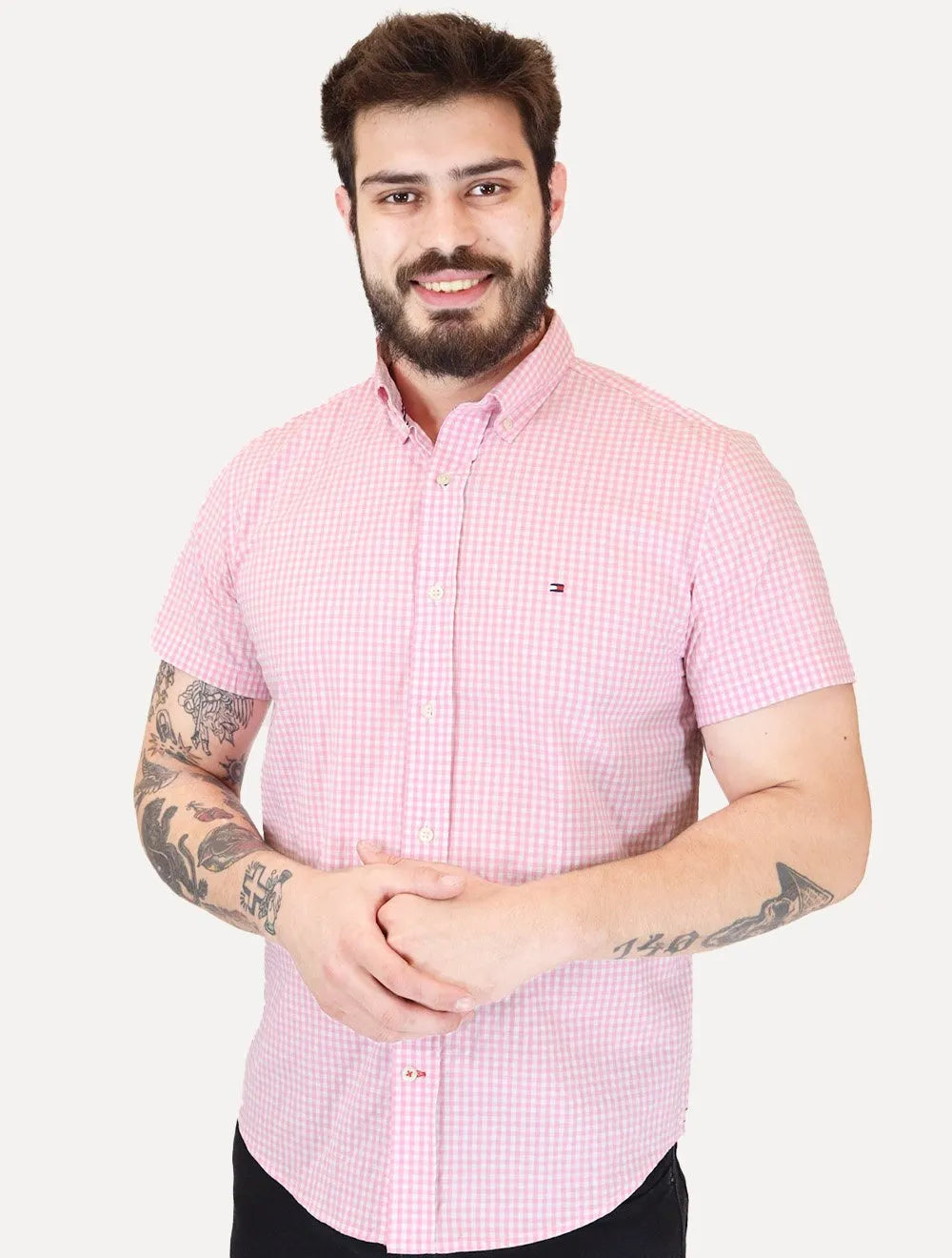 Camisa Tommy Hilfiger Masculina Manga Curta Xadrez Gingham Branca/Rosa