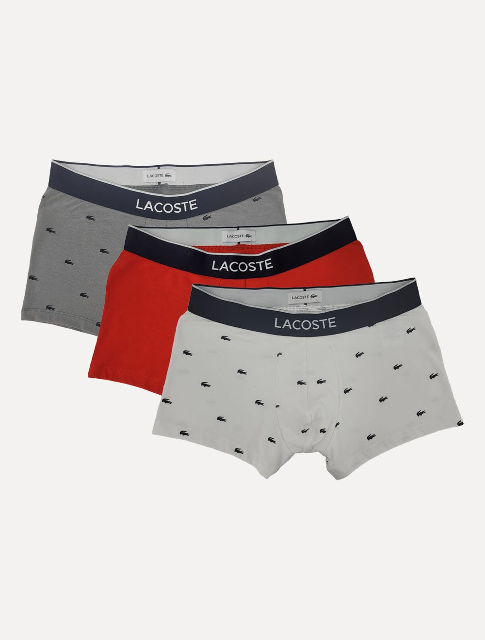 Cueca Lacoste Trunk Boxer Jersey Croco Print Branca Vermelha Cinza Pack 3UN