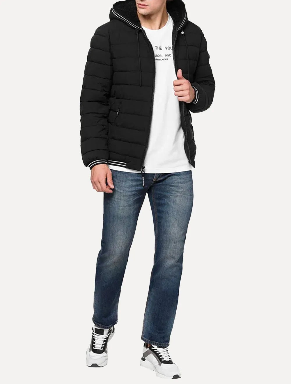 Jaqueta Calvin Klein Hoodie Matelassê Stripes Preta