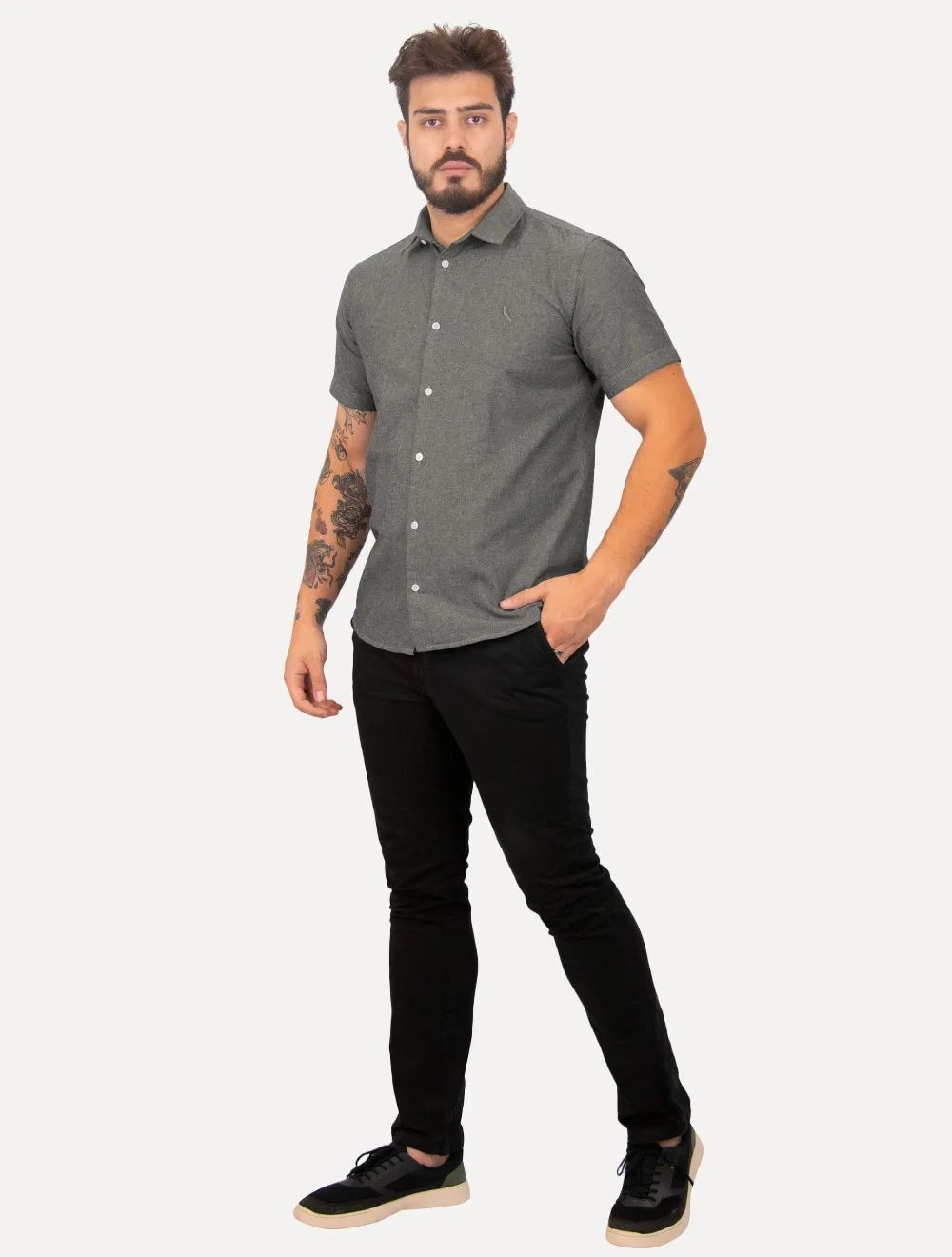 Camisa Reserva Masculina Manga Curta Oxford Color Preto Mescla