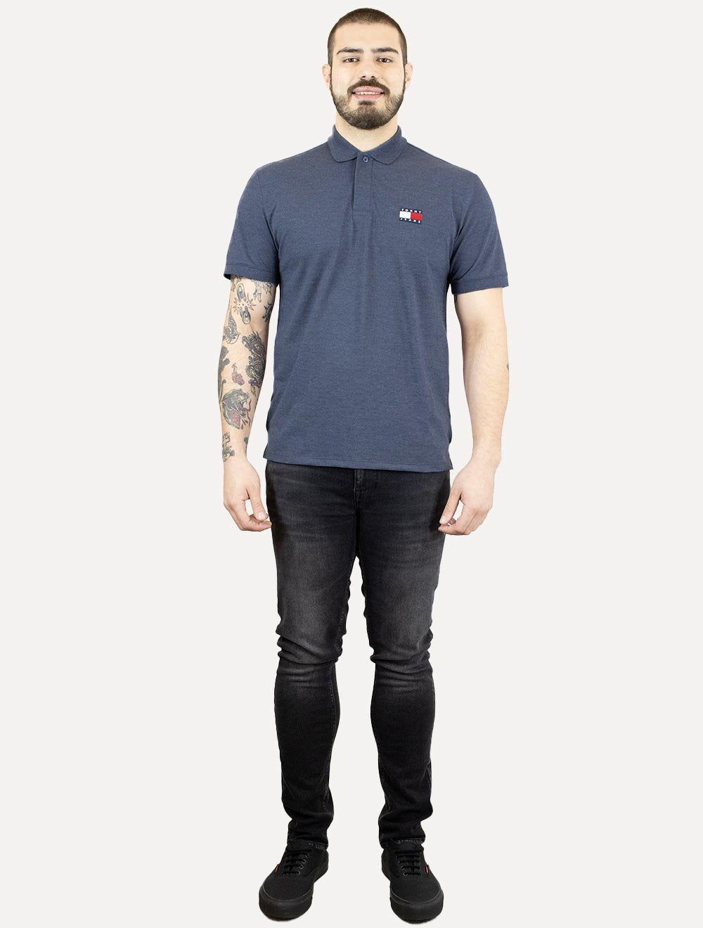 Polo Tommy Jeans Masculina Regular Heather XS Badge Marinho Mescla