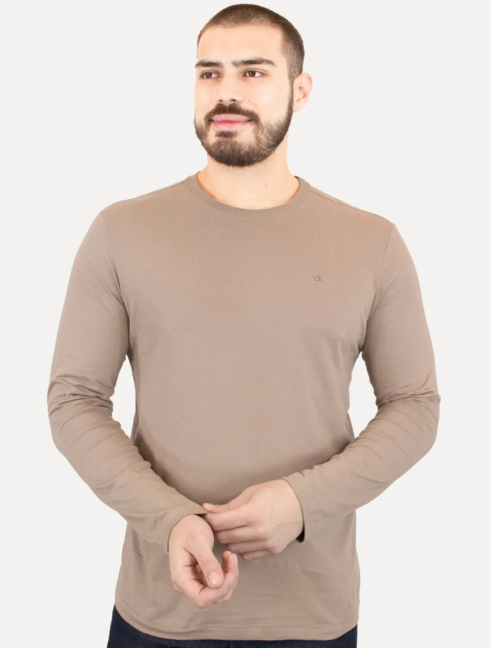 Camiseta Calvin Klein Masculina Meia Malha CK Cáqui Médio
