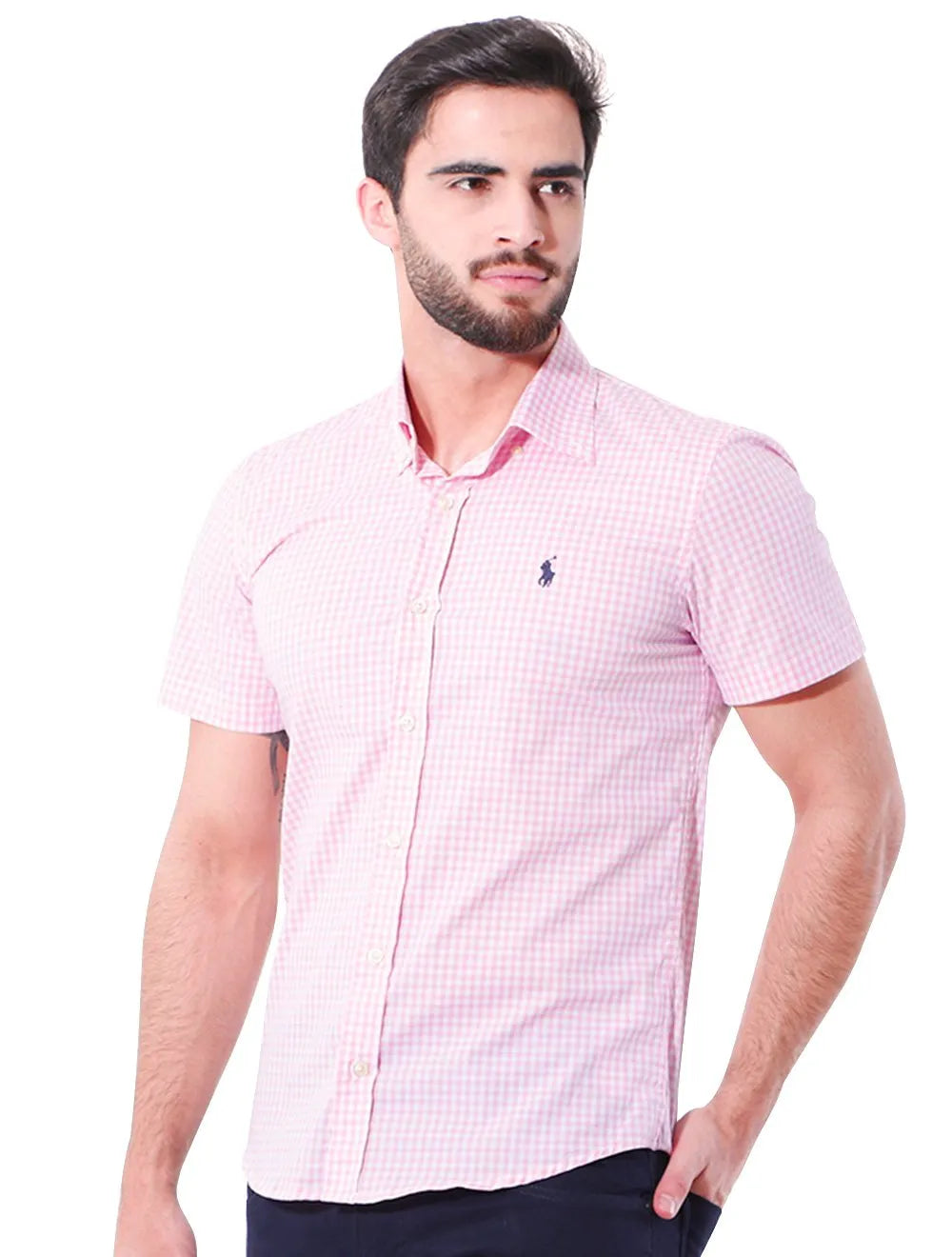 Camisa Ralph Lauren Masculina Manga Curta Slim Fit Stretch Poplin Rosa